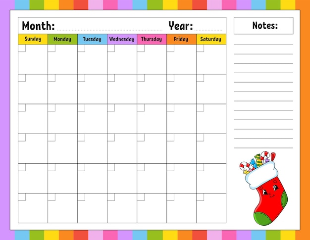 Blank calendar template for one month without dates Colorful design with a cute character