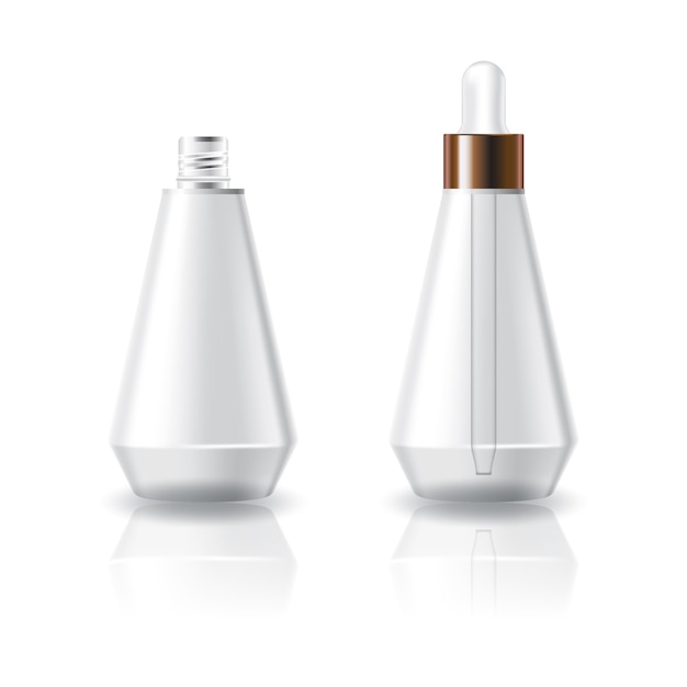 Blank clear cosmetic cone shape bottle with white dropper lid.