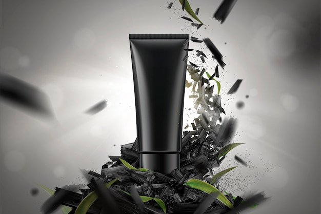 Vector blank cosmetic plastic tube  with crushed carbons and leaves on bokeh background