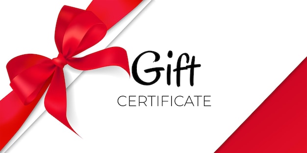 Vector blank gift card or certificate template with elegant red bow and satin ribbon border realistic