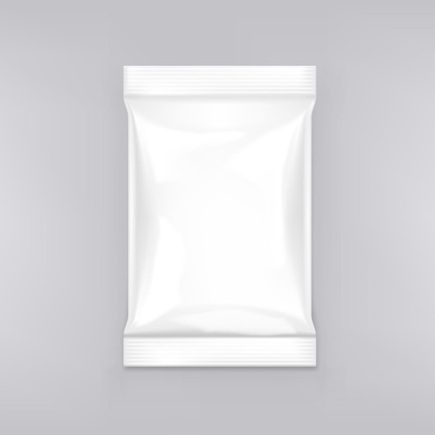 Vector blank glossy foil pouch snack packaging on white background