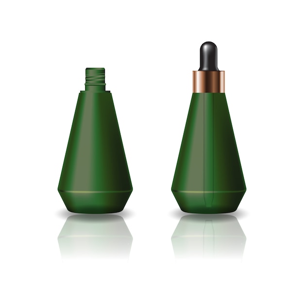 Blank green cone shape cosmetic bottle with dropper lid. 