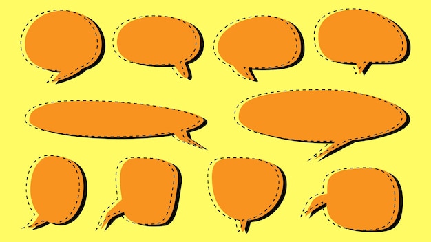 blank orange speech bubble set. cartoon chat box isolated on yellow background