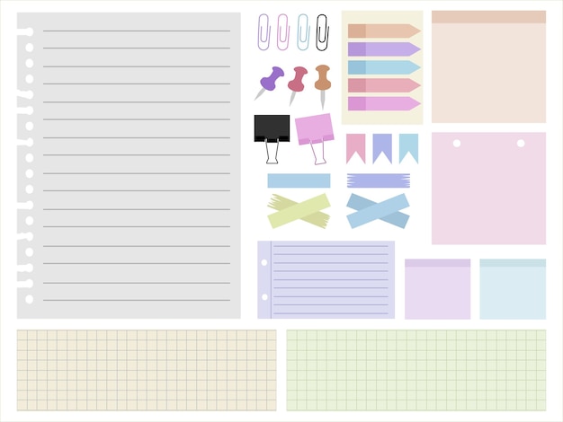 Blank paper notes set, sticky notes, paper clip on different size and shapes