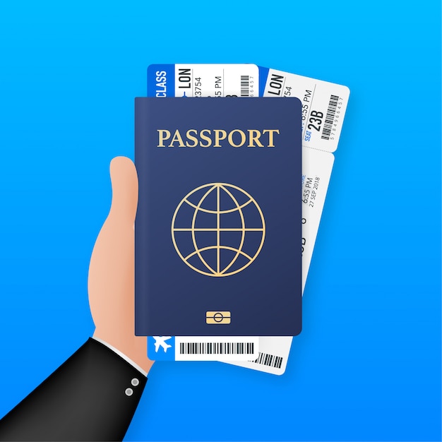 Blank passport template and airline tickets. International passport with sample personal data page.   illustration.