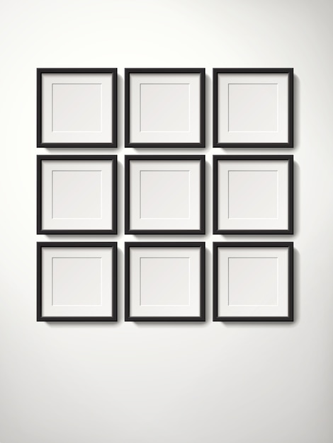 Blank picture frames collection hanging on the wall in orderly way, 3d illustration realistic style