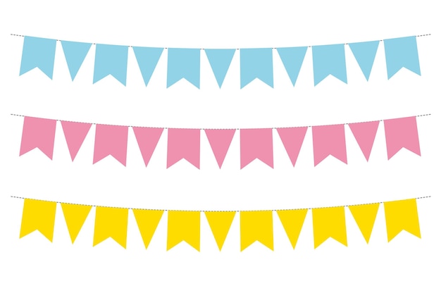 Blank pink light blue and yellow pennants on a white background