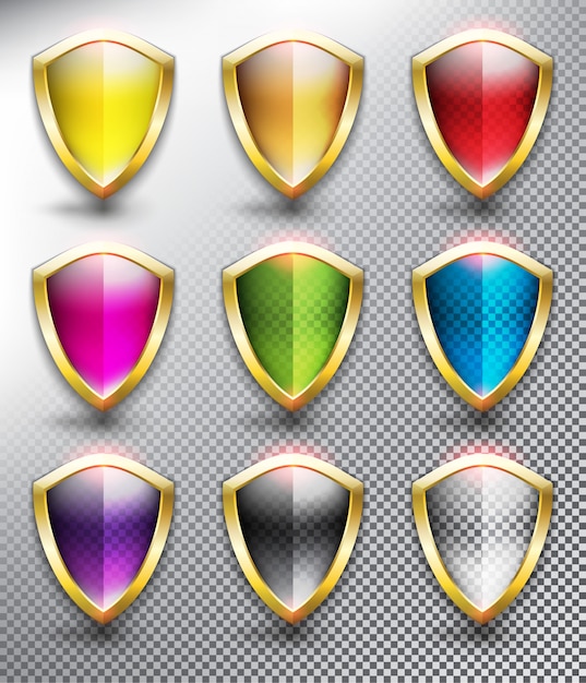 Blank protection shields with metallic, golden frame. Shield icons collection. Isolated on the white surface.