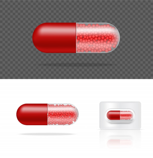 Blank Realistic Transparent Pill Medicine Capsule Panel. Tablets Medical and Health Concept.