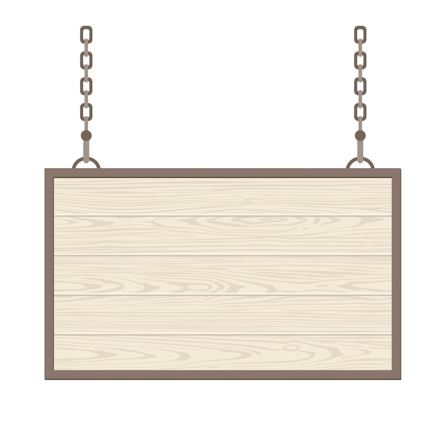 Blank rectangular wooden signboard hanging on metallic chain. Vector flat monochrome illustration isolated on white background. For poster, presentations