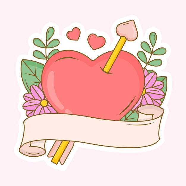 Blank Ribbon With Arrow Hit Heart On Flowers And Leaves Background In Sticker Style