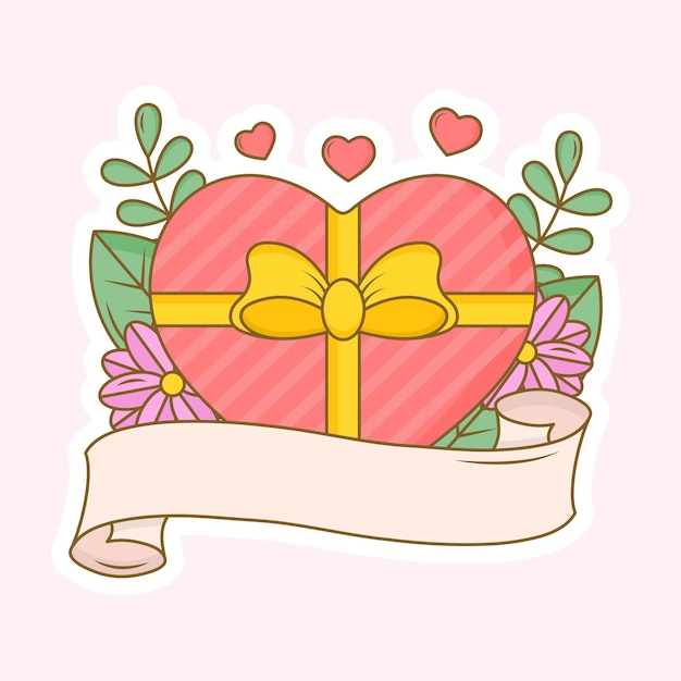 Blank Ribbon With Heart Shape Gift Box On Flowers And Leaves Background In Sticker Style