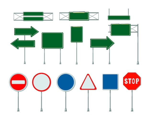 Blank road signs on metal poles vector illustrations set. Green billboards, street or highway signs, arrow boards isolated on white background. Traffic, direction or destination concept