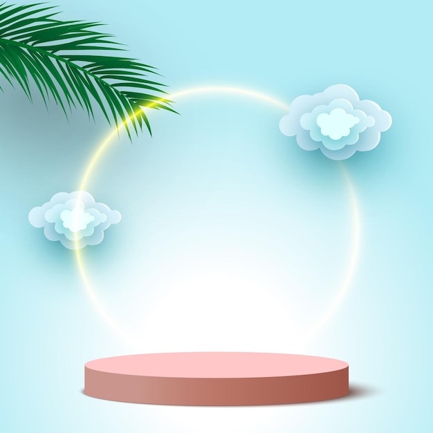 blank round podium with clouds and palm leaves pedestal cosmetic products display platform