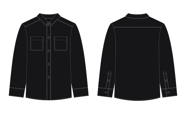 Blank shirt with pockets and buttons technical sketch Black color Unisex casual shirt mock up