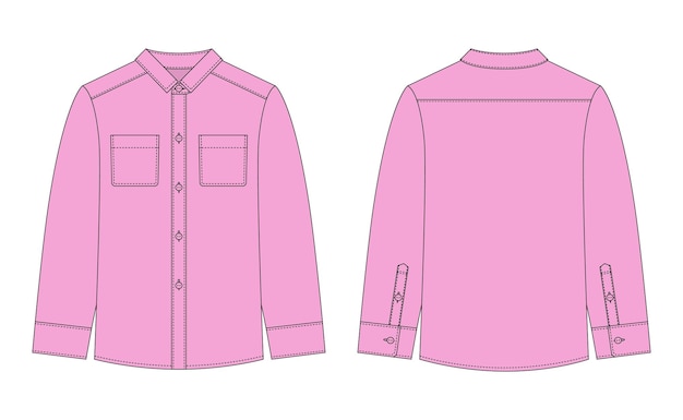 Blank shirt with pockets and buttons technical sketch Pink color Unisex casual shirt mock up