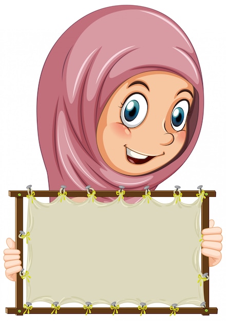 Blank sign template with cute girl on white background