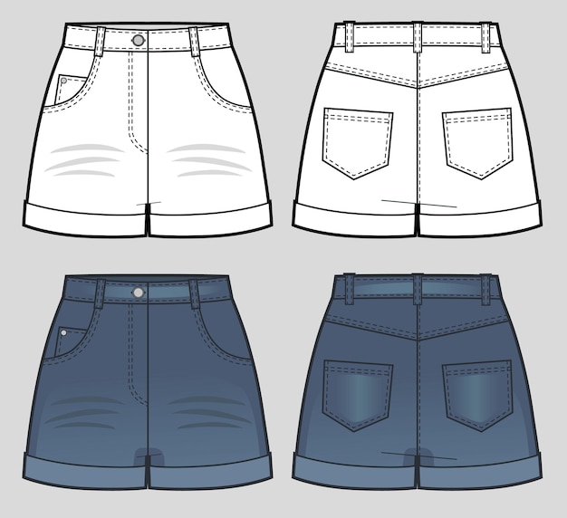 Blank templates of women's denim shorts