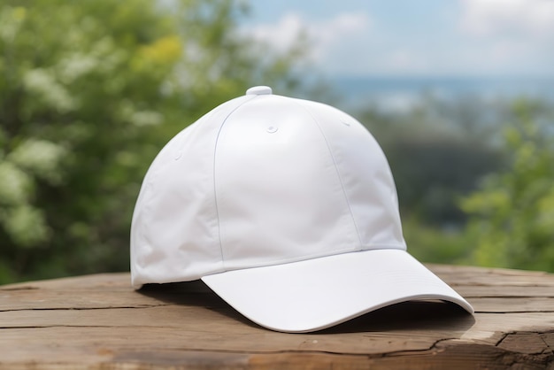 Blank white baseball cap on wooden background