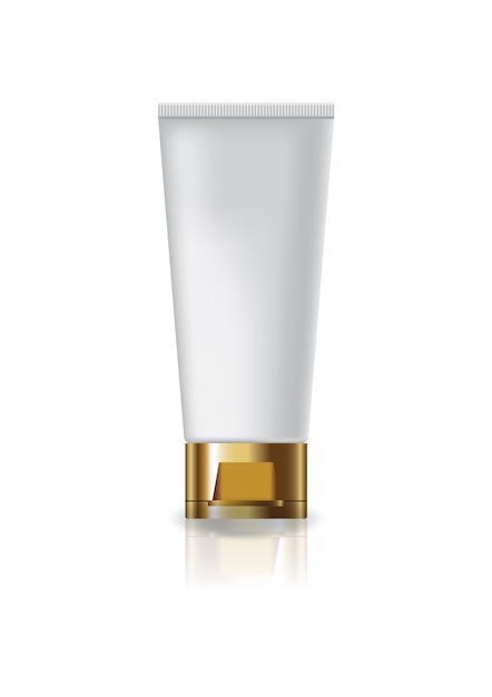 Blank white cosmetic tube with gold cap lid. 