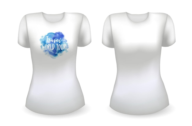 Blank white female t shirt realistic template and white t shirt with label travel world tour badge v...