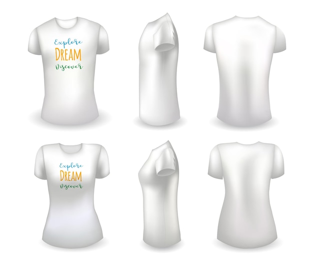 Blank white male and female t shirt realistic template and white t shirt with label explore dream di...