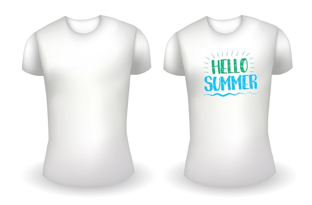 Blank white male t shirt realistic template and white t shirt with label hello summer badge vector