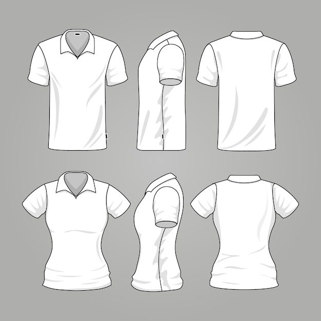 Blank white mens and womens t-shirt outline vector. Template of t-shirt for woman and man, illustrat