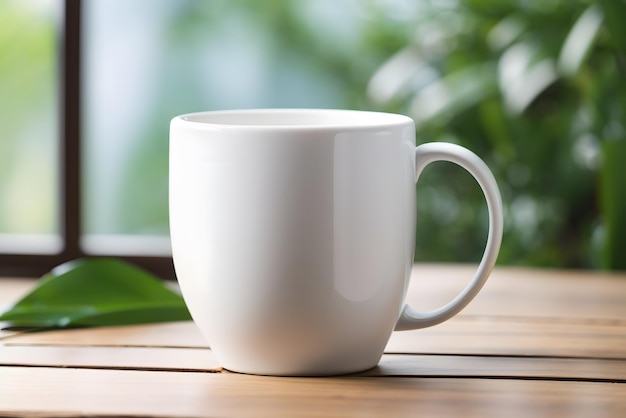 Vector blank white mug mockup on a wood table with greenery background empty cup coffee mug tea cup