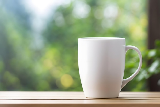 Vector blank white mug mockup on a wood table with greenery background empty cup coffee mug tea cup