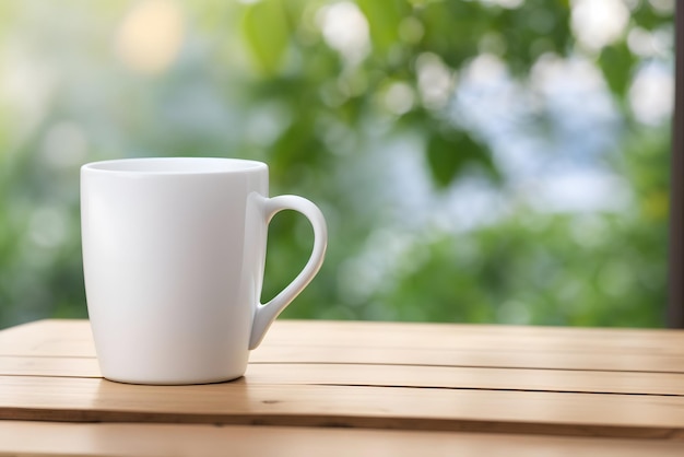 Vector blank white mug mockup on a wood table with greenery background empty cup coffee mug tea cup