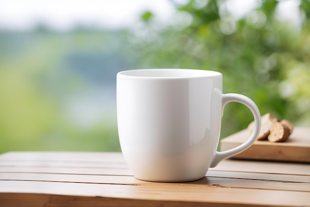 Vector blank white mug mockup on a wood table with greenery background empty cup coffee mug tea cup