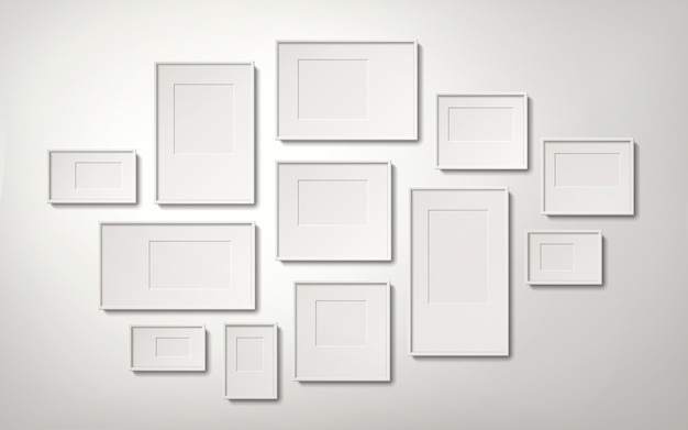 Vector blank white picture frames collection hanging on the wall, 3d illustration realistic style