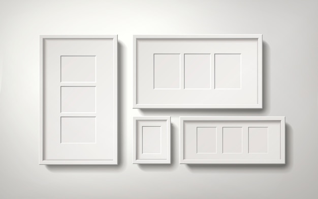 Blank white picture frames collection hanging on the wall, 3d illustration realistic style