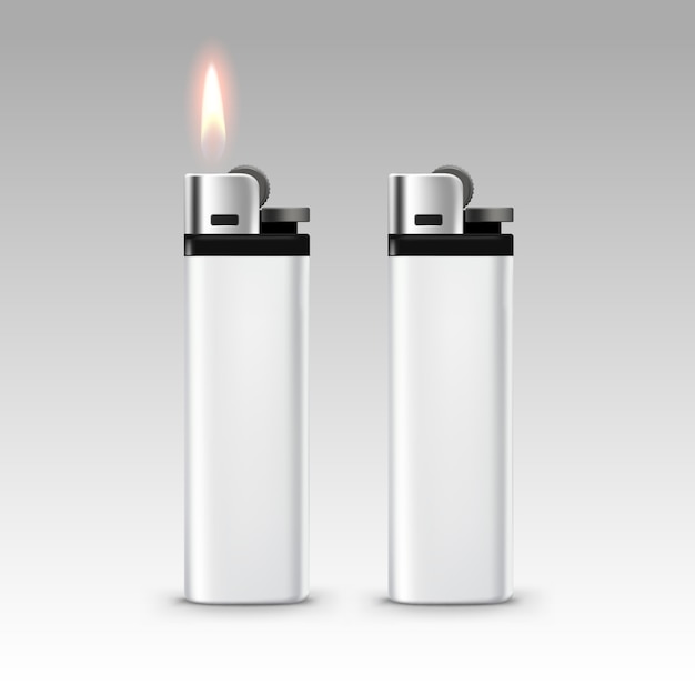 Vector blank white plastic lighters with flame isolated