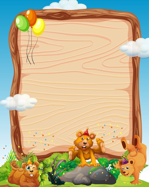 Blank wooden board template with bears in party theme on forest background