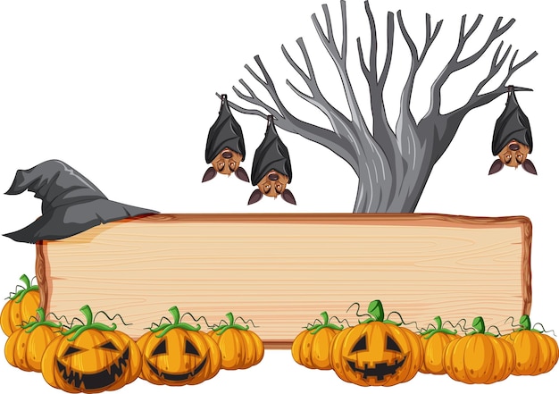 Vector blank wooden signboard with bat in halloween theme