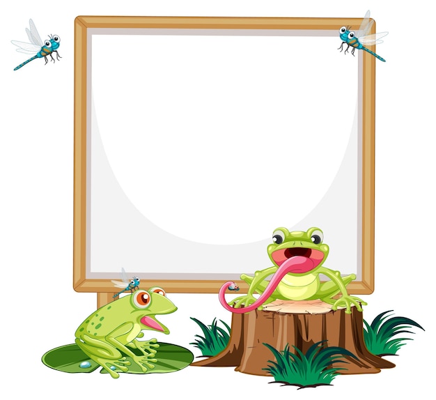 Blank wooden signboard with frog in cartoon style