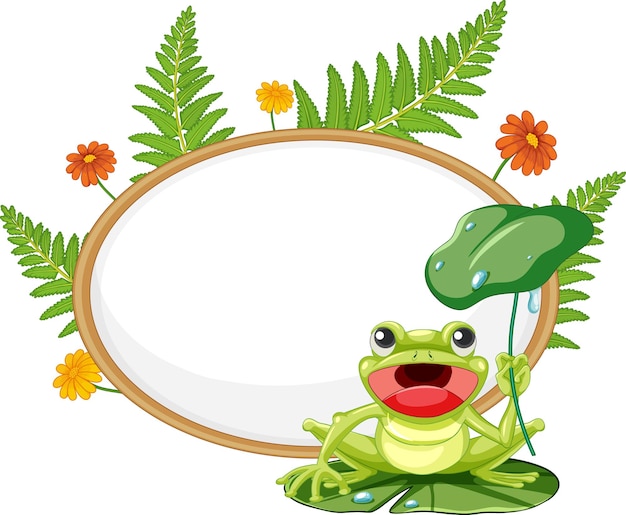 Blank wooden signboard with frog in cartoon style