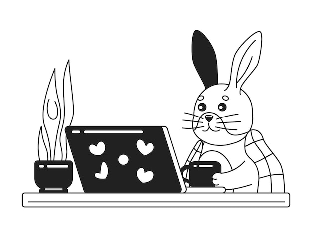 Blanket covered rabbit near laptop black and white cute chill lo fi wallpaper Movie night linear 2D vector cartoon character illustration monochrome lofi anime background Bw 90s kawaii aesthetic