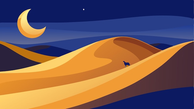 Vector a blanket of sand dunes their smooth curves broken by a lone camel making its way through the dark