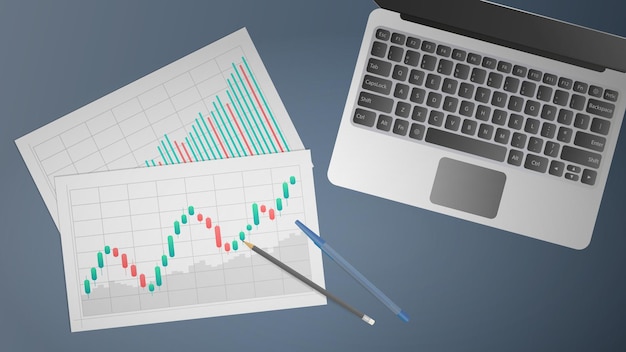 Blanks with business charts, uptrend line graph, histogram and bull market stock numbers. The concept of trading on the finance exchange. Vector.