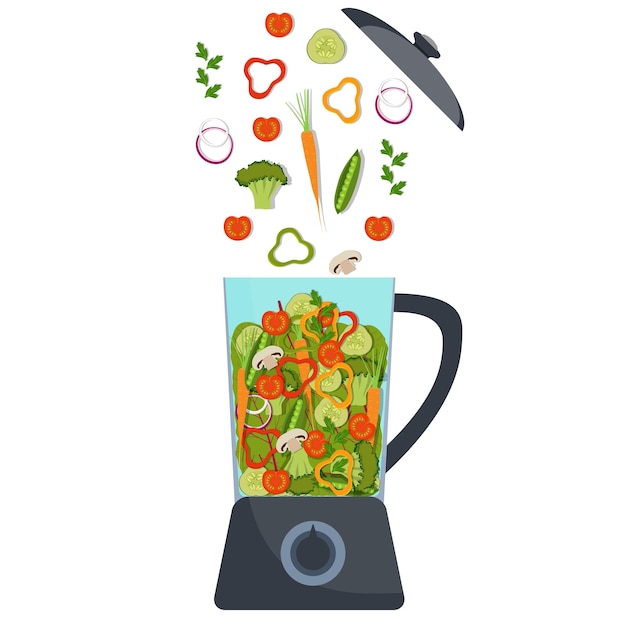 Blender with different vegetables Broccoli pepper red tomato carrot onion greens Vector illustration