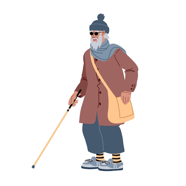 A blind old man with a walking stick and a travel bag.