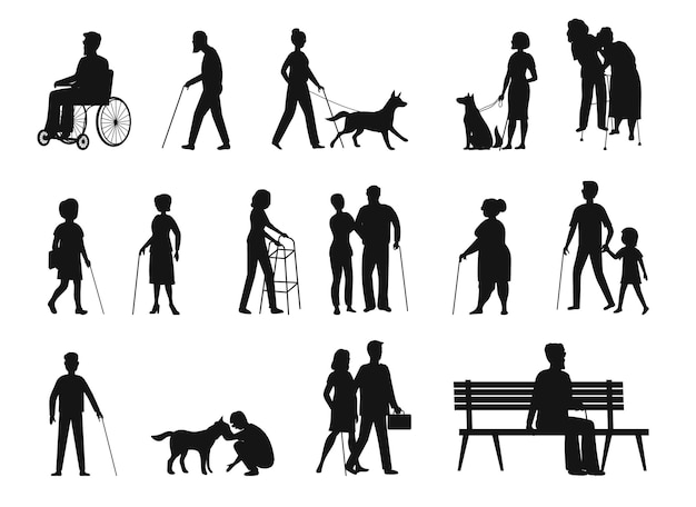 Blind People set Silhouettes Collection Premium Vector template