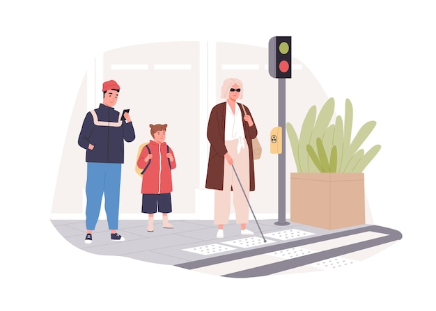 Blind person in glasses with cane stick crossing street at crosswalk. Modern city infrastructure for disabled people inclusion. Colored flat vector illustration of handicapped woman isolated on white.