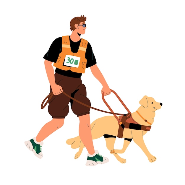 Vector blind runner led by his guide dog disabled athlete with impaired vision sight jogging jogger with assistance or service pet does sport running marathon flat isolated vector illustration