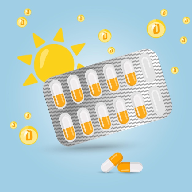 Blister of vitamin D and sun in vector illustration