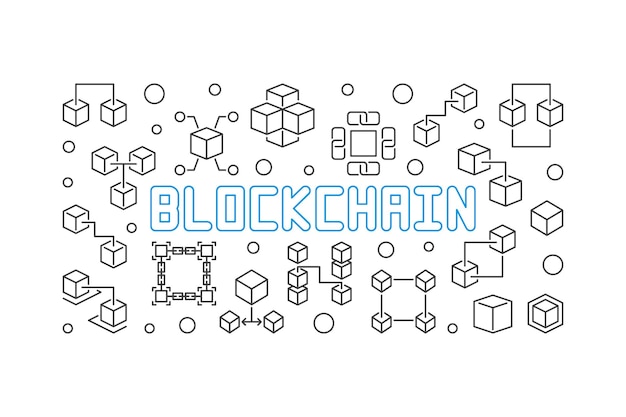 Blockchain crypto vector outline simple horizontal illustration