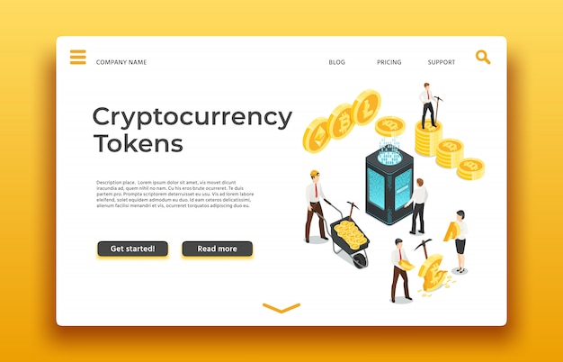 Blockchain and cryptocurrency landing page. Isometric people mining coins.  web 